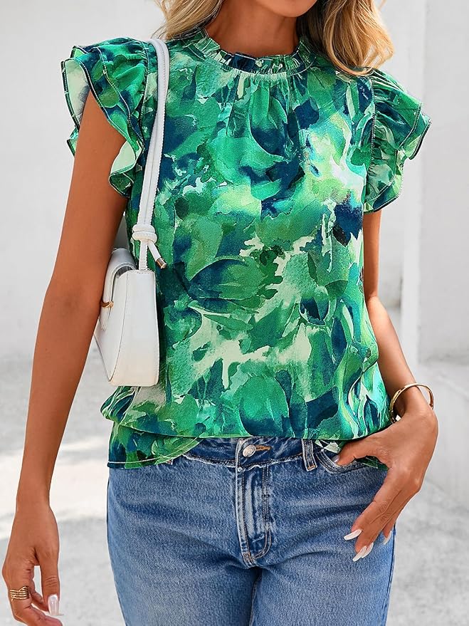 PRETTYGARDEN Women's Ruffle Short Sleeve Summer Tops 2026 Trendy Floral Trim Neck Casual Dressy Chiffon Boho Blouses Shirts