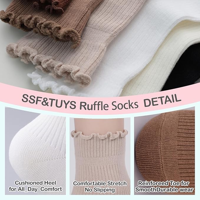 SSF&TUYS Ruffle Socks for Women – Soft Cotton Frilly Ankle Socks, Cute, Breathable & Comfy, 6 Pairs