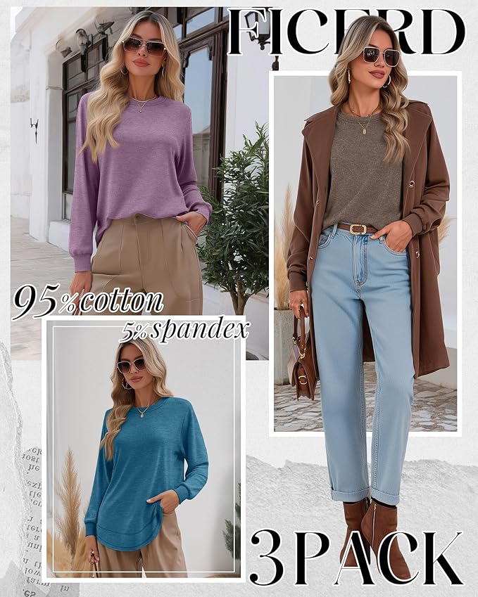 Ficerd 3 Pack Women's Long Sleeve Shirts, Cotton Crew Neck Tunic Tops Casual Loose Fit Pullover Sweatshirts Curved Hem Shirts