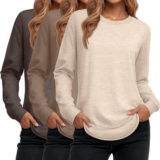 Ficerd 3 Pack Women's Long Sleeve Shirts, Cotton Crew Neck Tunic Tops Casual Loose Fit Pullover Sweatshirts Curved Hem Shirts