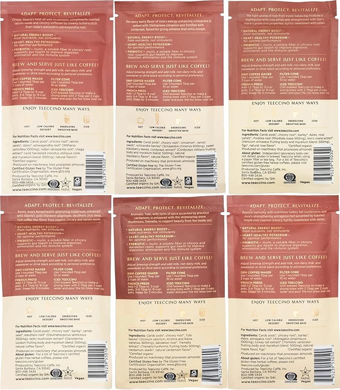 Teeccino Mushroom Adaptogen Herbal Coffee Sampler - 6 Trial-Size Packets - Chaga Ashwaganda, Reishi Eleuthero, Tremella Tulsi, Cordyceps Schisandra, Turkey Tail Astragalus, Lion’s Mane Rhodiola