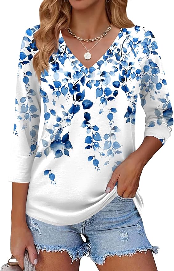 Zeagoo 3/4 Length Sleeve Womens Tops Casual V Neck Shirts Soft Basic Tees Business Work Blouses