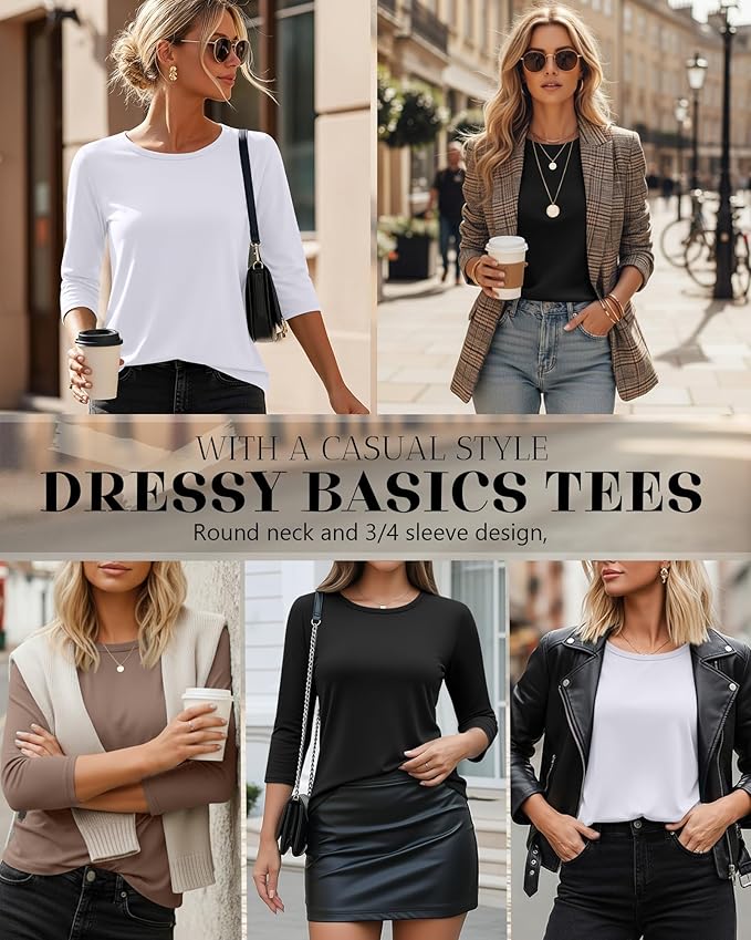 Ficerd 3 Pack 3/4 Sleeve Tops for Women Round Neck Dressy Basics Tees Casual Trendy Loose Fit T Shirts