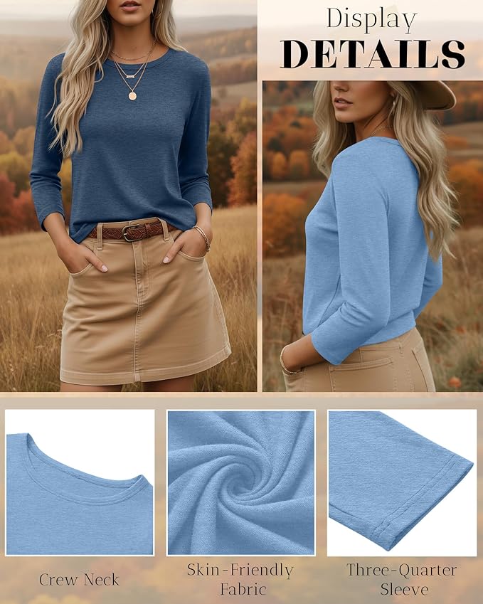Ficerd 3 Pack 3/4 Sleeve Tops for Women Round Neck Dressy Basics Tees Casual Trendy Loose Fit T Shirts