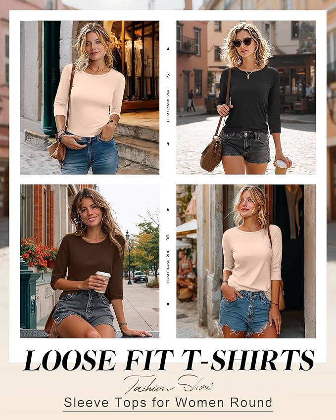 Ficerd 3 Pack 3/4 Sleeve Tops for Women Round Neck Dressy Basics Tees Casual Trendy Loose Fit T Shirts