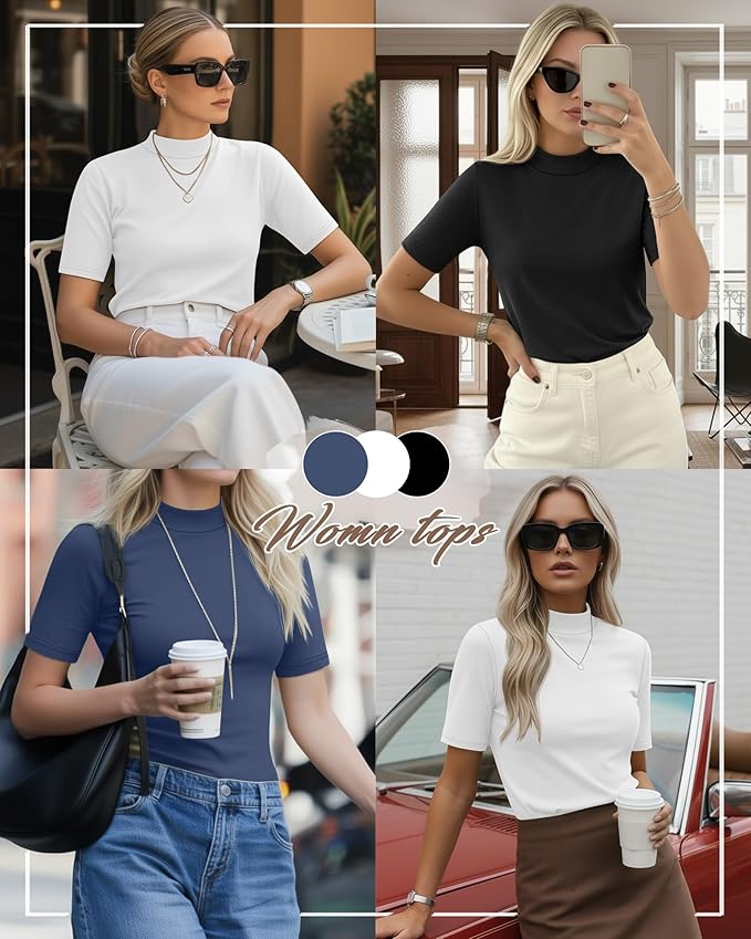 Ficerd 3 Pack Women's 1/2 Sleeve Mock Turtleneck Shirts, Elbow Length Shirt Half Sleeve Tunic Top Casual Summer Basic Tees