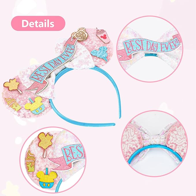 HAMUTH Mouse Ear Headband, Birthday Decorations Ears for Women Girls Adult, Best Day Ever Costume for Party Trip Parks Cosplay Essentials