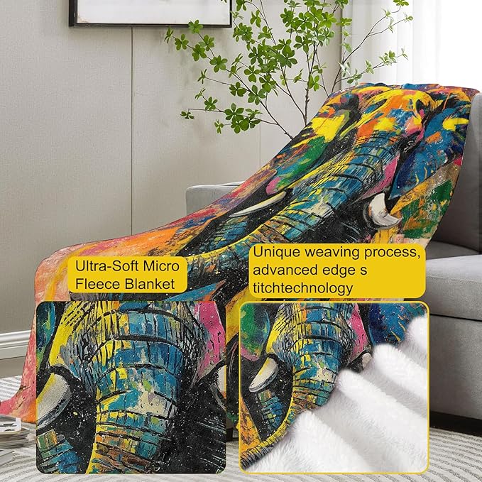 Elephant Painting Blanket, Colorful Elephant Flannel Throw Blankets,Soft Warm Lightweight Cozy Plush Animal Throws for Bedroom Sofa Office Home Decor Gifts for Women Kids 60"x50"
