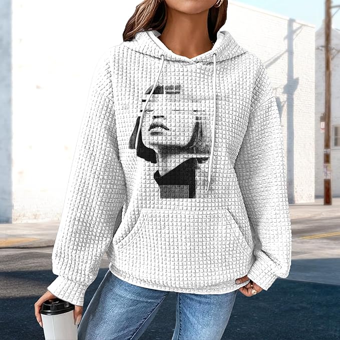 domirica Pullover Sweatshirts For Women Drawstring Long Sleeve Waffle Sweatshirt With Pocket Vintage Street Wear Qutfits