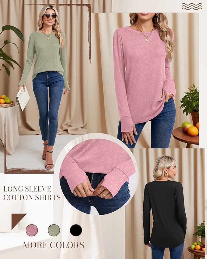 Huukeay 3 Pack Women's Long Sleeve Shirts with Thumb Holes, Cotton Casual Crew Neck Tunic Tops Fall Loose Y2k Trendy Outfits