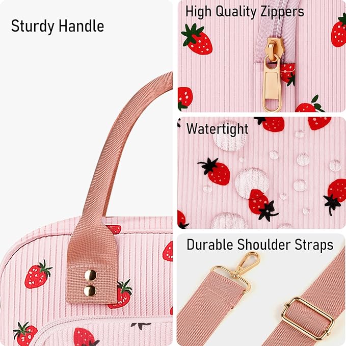 Lunch Bag Large Insulated Lunch Box for Women Adult Cute Pink Strawberry Lunchbox Corduroy Lunch Bags Boxes Pail with Shoulder Strap for Work Mom Picnic Office Travel 11.4×6.8×9.1 inches 11.5L