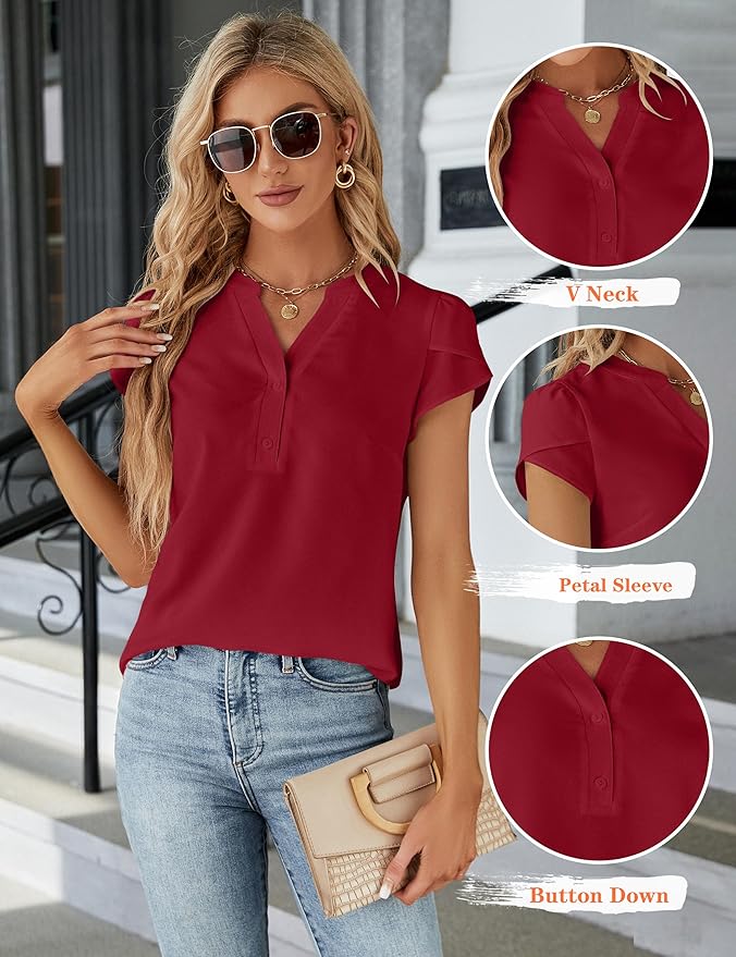 Blooming Jelly Women's Dressy Casual Tops Business Work Blouses White Button Down Shirts Cap Sleeve V Neck Tshirt