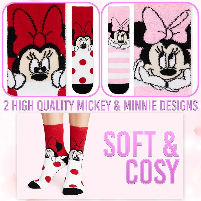 Disney Slippers Socks for Women & Teens US Size 4-9, Pack of 2 Non Slip Fleece Winter Socks, Soft & Fluffy, Gifts for Her