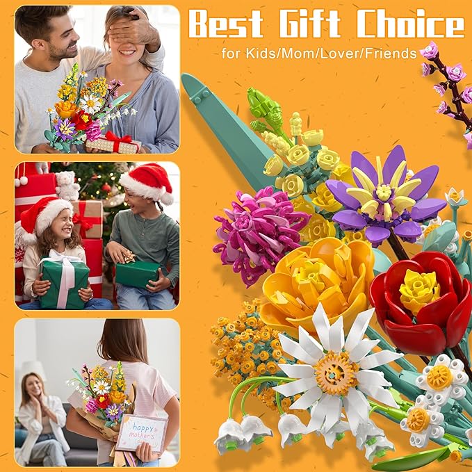 Flowers Bouquet Building Set, 1070PCS Wildflower Botanical Collection Kit, Artificial Plant Flower Toy for Women Kids Girls, Home Office Decor Gift for Valentine's Day, Mother's Day, Christmas