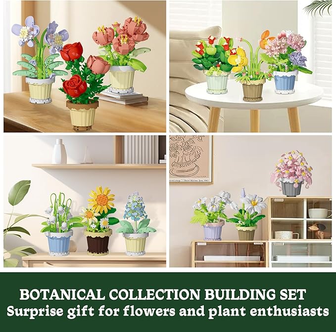 PQKIE 12 Pcs Flowers Bouquet Building Set,2531 Pcs Flower Botanical Collection Building Block Toy,Micro Plant for Home or Office Decor, Mother's Day Valentine Christmas Birthday Gifts for Adults,Girls