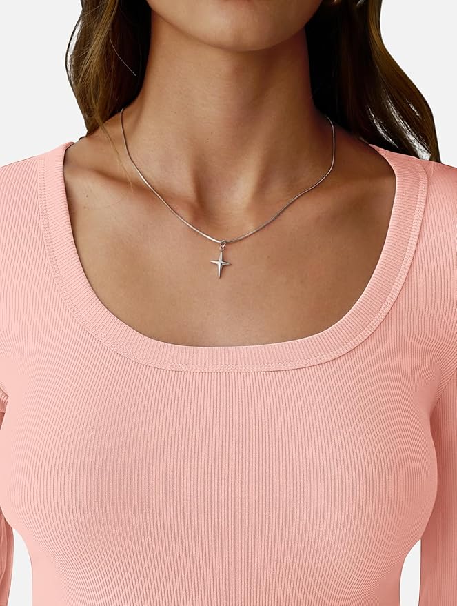 Womens 3/4 Sleeve Scoop Neck Top Ribbed Knit Slim Fitted Casual Basic Tee Shirts 2025 Fall Trendy Work T-Shirt Outfits