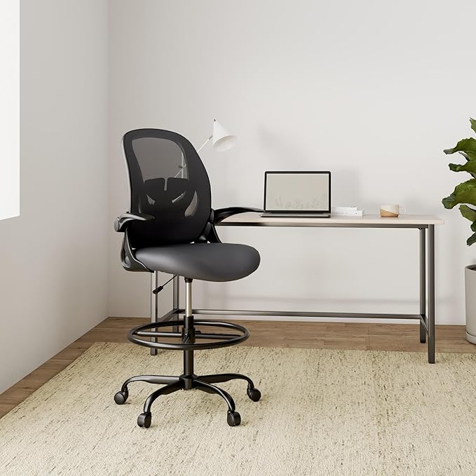 Primy Drafting Chair Tall Office Chair with Flip-up Armrests Executive Ergonomic Computer Standing Desk Chair with Lumbar Support and Adjustable Footrest Ring（Dark Gray）