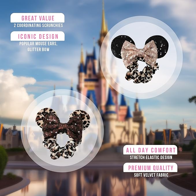 Styla Hair 2pk Mouse Ear Scrunchies for Kids Velvet Hair Bow Scrunchies for Women - Sparkle Sequins Mouse Hair Bands for Pony Tail Orejas de Minnie Mouse (Leopard)
