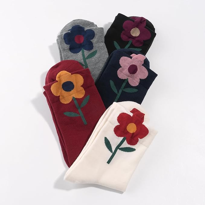 Kikiya Women's Cotton Crew Socks - Cute Flower Graphic Polka Dot Striped Heart Patterned - Ladies Girls Casual Socks Size 6-8