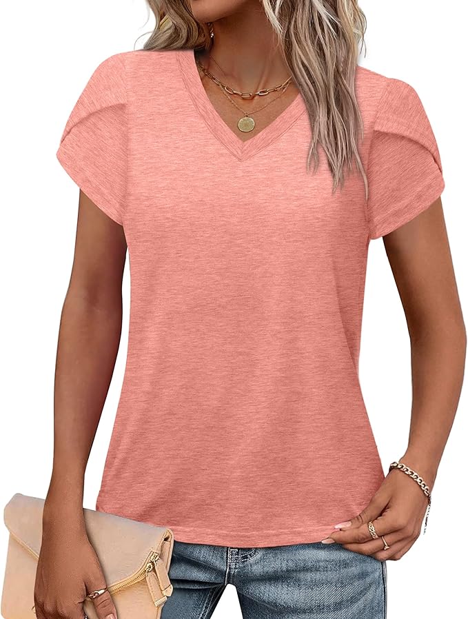 WIHOLL Womens Tops V Neck Summer Petal Sleeve Casual Tshirts