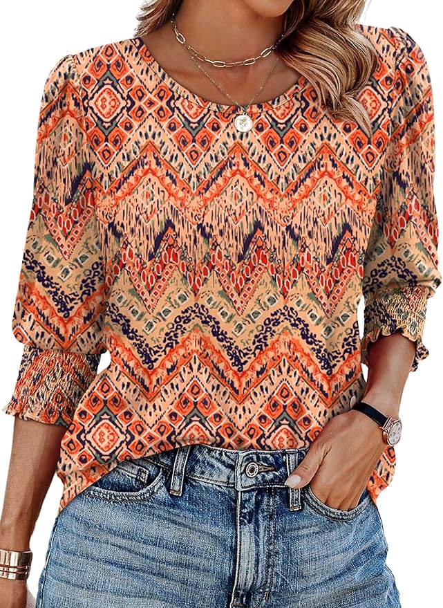 XIEERDUO Blouses for Women Dressy Casual 3/4 Length Sleeve Womens Tops with Smocked Cuffs