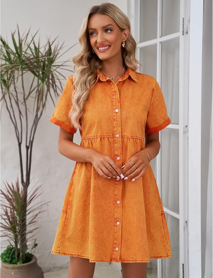 LookbookStore Women's Short Sleeve Button Down Flowy Tiered Babydoll Denim Dress