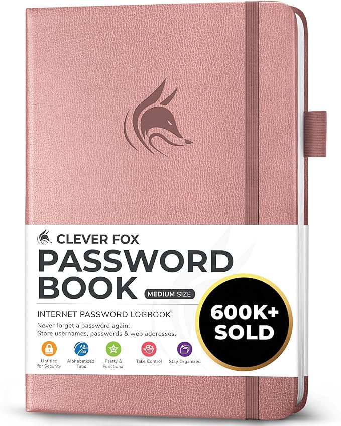 Clever Fox Password Book with alphabetical tabs. Internet Address Organizer Logbook. Medium Password Keeper for Website Logins (Rose Gold)
