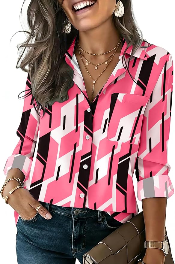 HOTOUCH Button Down Shirts for Women Long Sleeve Blouse Dressy Casual Business Work Tops with Pocket