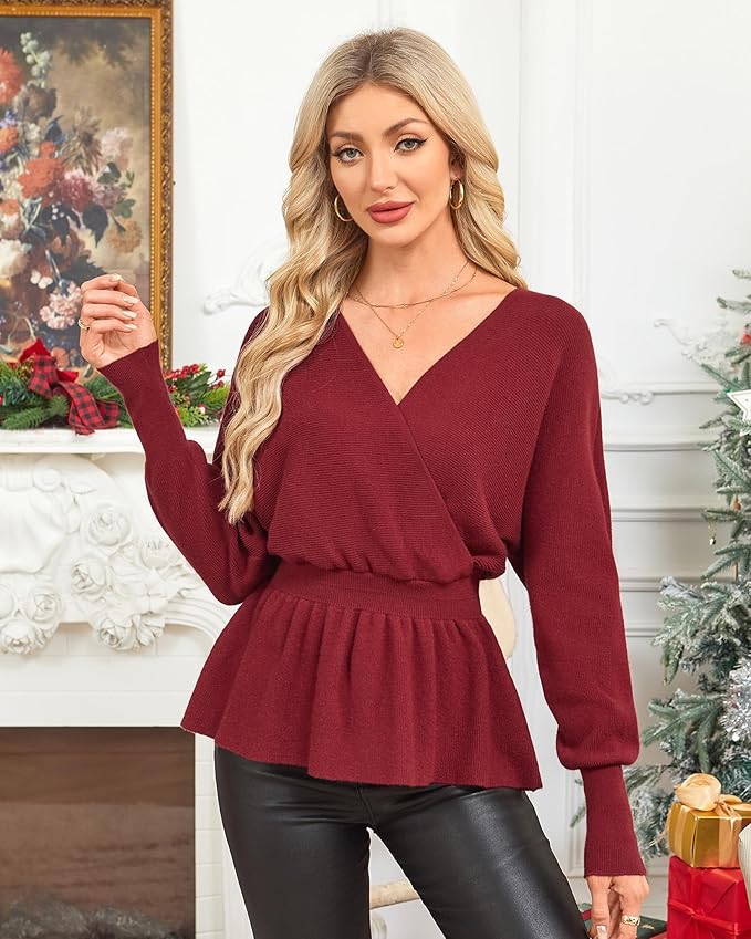 Lotusmile Womens Dressy Knit Peplum Sweater Long Sleeve Fall Wrap V Neck Pullover Tops