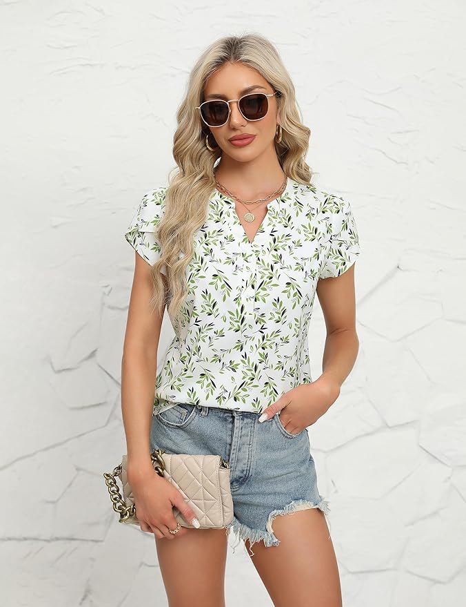 Blooming Jelly Women's Dressy Casual Tops Business Work Blouses White Button Down Shirts Cap Sleeve V Neck Tshirt