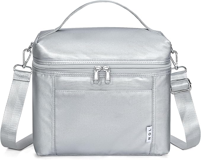 NOL Natural Organic Lifestyle Insulated Lunch Bags for Women Cooler Bag Lightweight Nylon Waterproof Lunch Box For Work (Silver, Medium(normal))