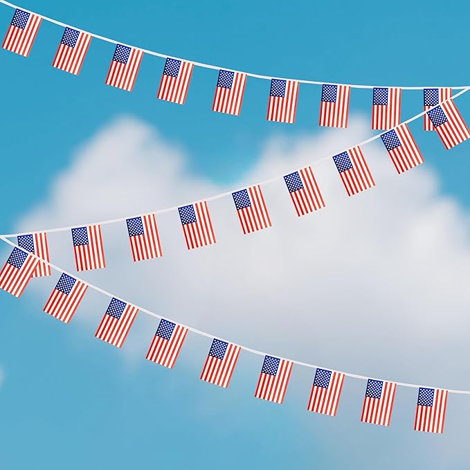 Yamiuo 100 Feet USA String Flag, 76 Pcs American Banner Flag, Small Mini World Banner Flags for Sports Events, Bars Decorations, School Festivals, Party Decorations, Celebrations (USA)