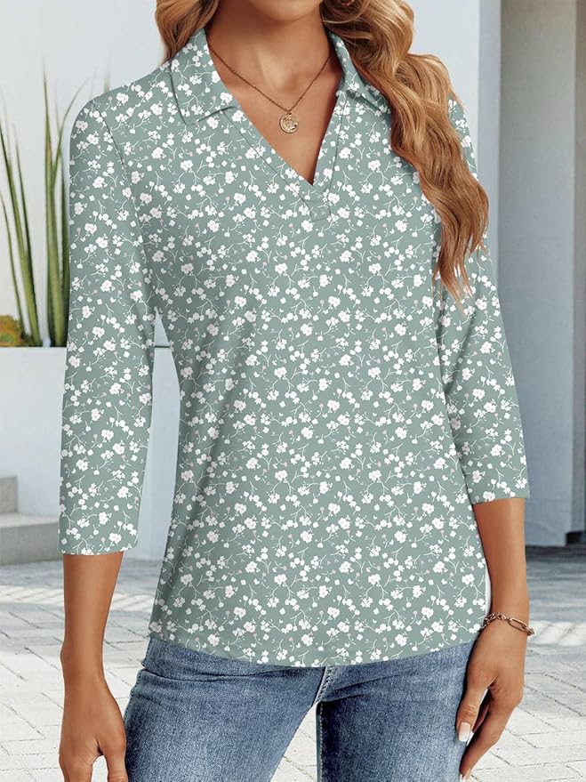 3/4 Length Sleeve Womens Tops Dressy Casual V Neck Polo Shirts Business Work Blouses 2025 Trendy Tunic Top