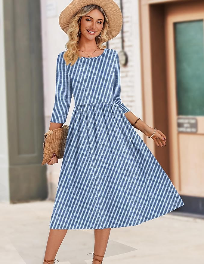Zeagoo 3/4 Sleeve Women's Dress Casual Flowy A-Line Midi Tshirt Dresses with Pockets Crewneck Vocation Boho Beach Sundress