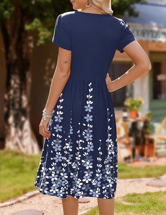 HOTOUCH Women's Summer A-Line Midi Dresses 2026 Casual Floral Short Sleeve T-Shirt Dress Flowy Beach Sundress with Pockets