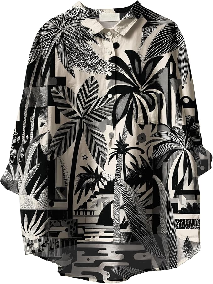 Womens Boho Tops 3/4 Long Sleeve Floral Blouses Hawaii Beach Button Down Shirts V Neck Pullover Casual Tunics