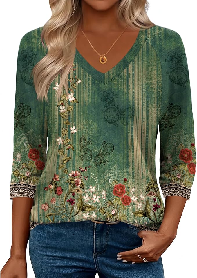 Zeagoo 3/4 Length Sleeve Womens Tops Casual V Neck Shirts Soft Basic Tees Business Work Blouses