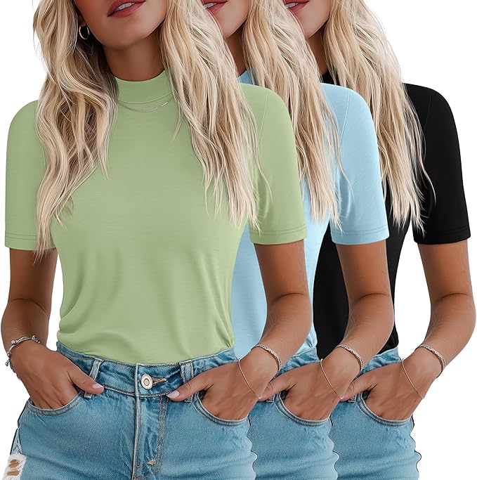 Ficerd 3 Pack Women's 1/2 Sleeve Mock Turtleneck Shirts, Elbow Length Shirt Half Sleeve Tunic Top Casual Summer Basic Tees
