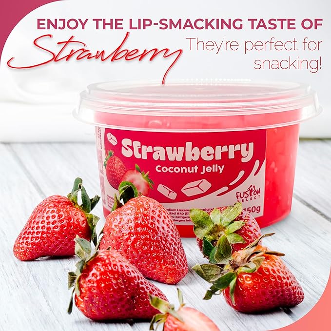 Fusion Select Strawberry Jelly - Fruity Coconut Gel Snacks & Drinks - Toppings or Add-Ons for Bubble Teas, Yogurt, Ice Cream, Desserts, Snow Fluff - Fruit-Flavored Jellies - Made in Taiwan