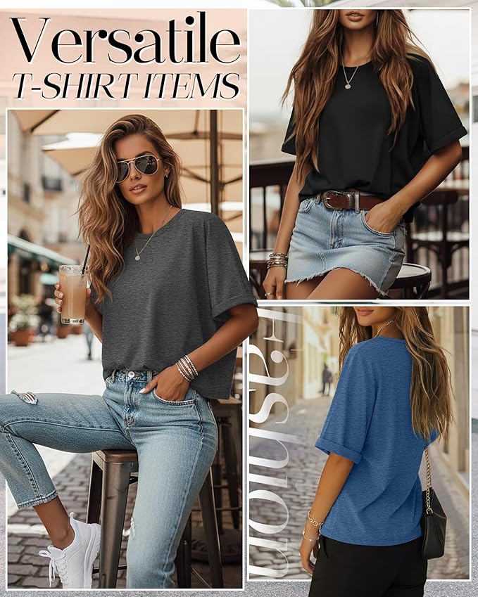 Riyiper 3 Pack Women's Oversized T-Shirt Half Sleeve Summer Tees Casual Loose Fit Crew Neck Basic Tops
