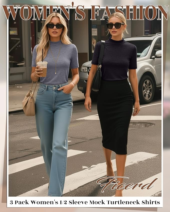 Ficerd 3 Pack Women's 1/2 Sleeve Mock Turtleneck Shirts, Elbow Length Shirt Half Sleeve Tunic Top Casual Summer Basic Tees