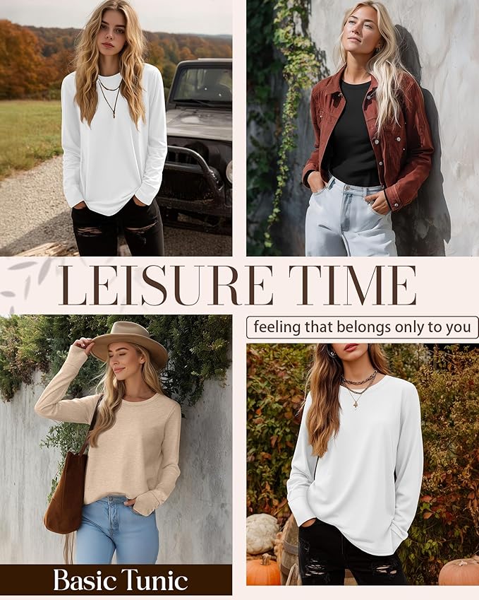 Huukeay 3 Pack Women's Long Sleeve Shirts with Thumb Holes, Cotton Casual Crew Neck Tunic Tops Fall Loose Y2k Trendy Outfits