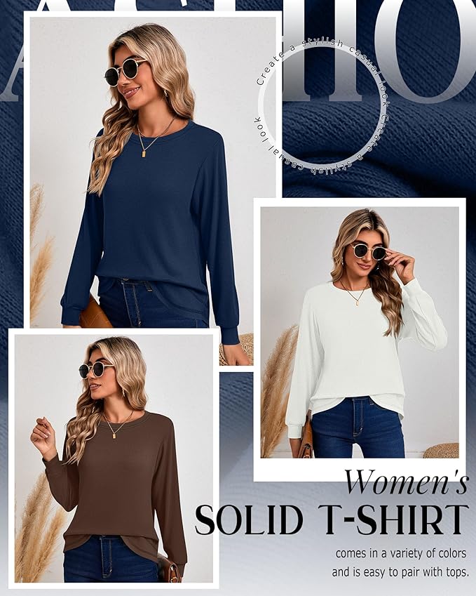 Ficerd 3 Pack Women's Long Sleeve Shirts, Cotton Crew Neck Tunic Tops Casual Loose Fit Pullover Sweatshirts Curved Hem Shirts