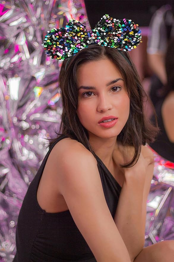 KARETT Sequins Mouse Ears Headband With Glitter Bow Princess Party Decorations For Girls Women