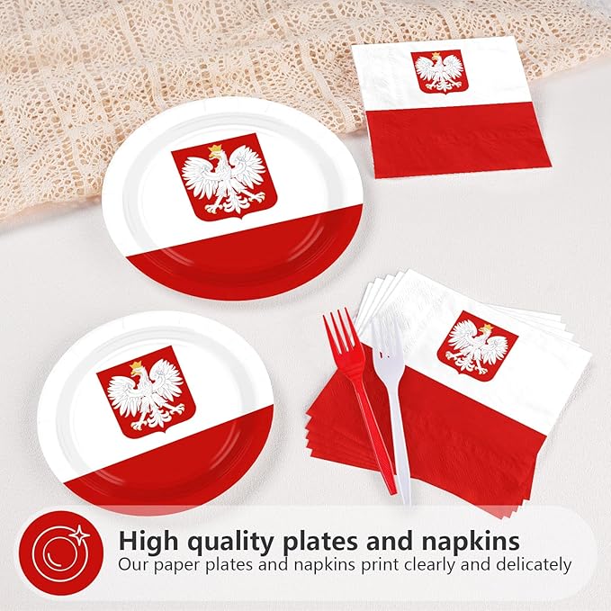 Greencian 96Pcs Poland Flag Party Decorations National Country Decoration Poland National Day Plates and Napkins Tableware Set for Polish Red and White Patriotic Festival Party Supplies，Serves 24
