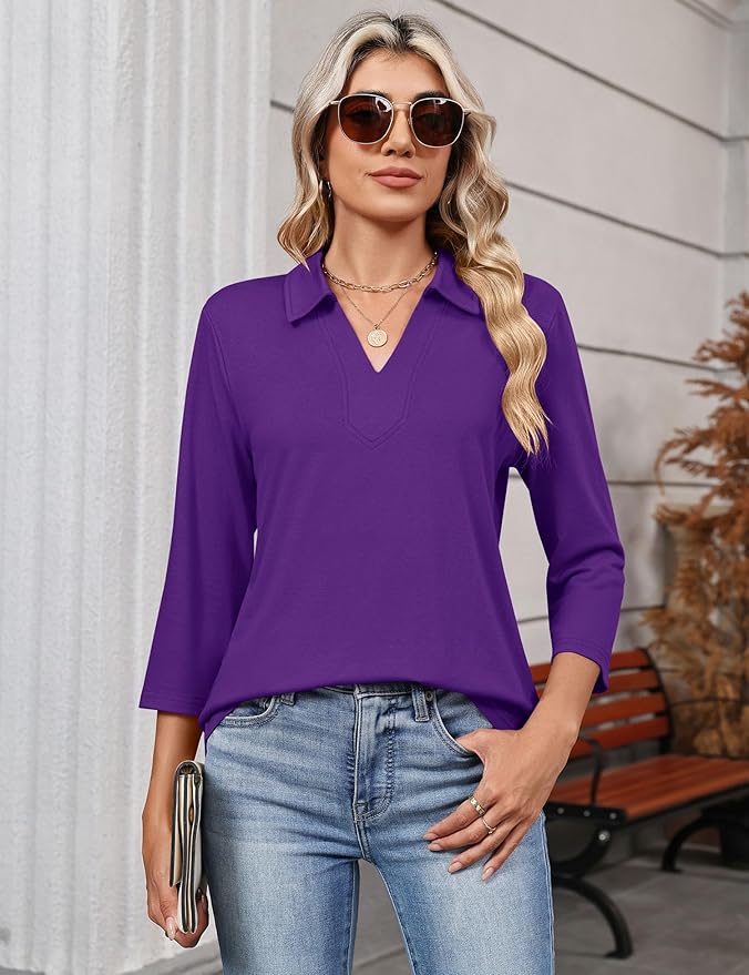 LOMON 3/4 Length Sleeve Womens Tops 2026 Spring Summer Collared Polo Shirts V Neck Casual Basic Polos Tees Shirt