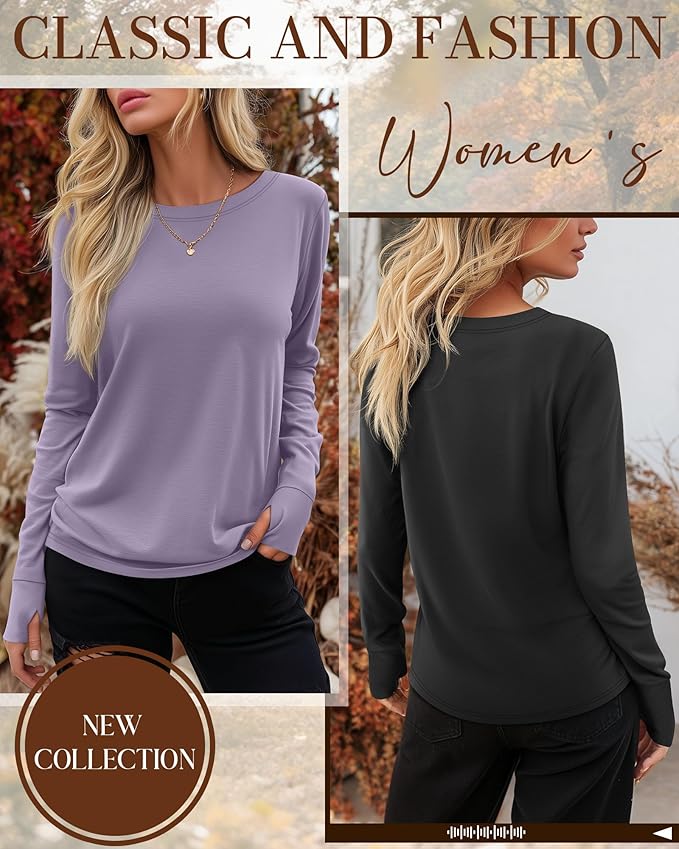 Huukeay 3 Pack Women's Long Sleeve Shirts with Thumb Holes, Cotton Casual Crew Neck Tunic Tops Fall Loose Y2k Trendy Outfits