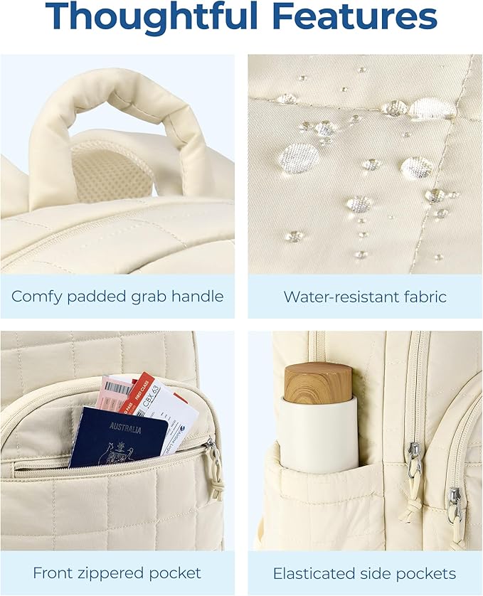 BAGSMART College Laptop Backpack, Travel Laptop Backpack for Women, Quilted Casual Daypack, Water-Resistant Bookbag for 15.6 Inch Laptop, Beige