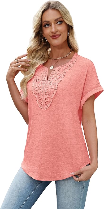 Sipaya Womens Blouses Dressy Casual Summer Shirts Short Sleeve Lace Front Boho Tunic Tops for Leggings Fashion Clothes