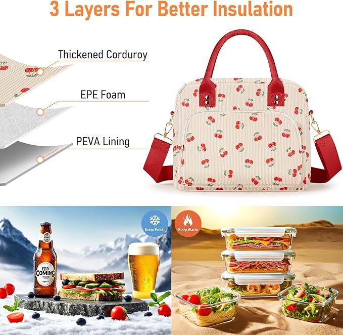 Lunch Bag Large Insulated Lunch Box for Women Men Adult Cute Cherry Lunchbox Corduroy Lunch Bags Boxes Pail with Shoulder Strap for Work Mom Picnic Office Travel 11.4×6.8×9.1 inches 11.5L